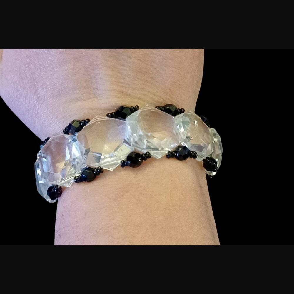 Vintage Signed Miriam Haskell Chunky Clear White Black Bead Size 6.5" Bracelet